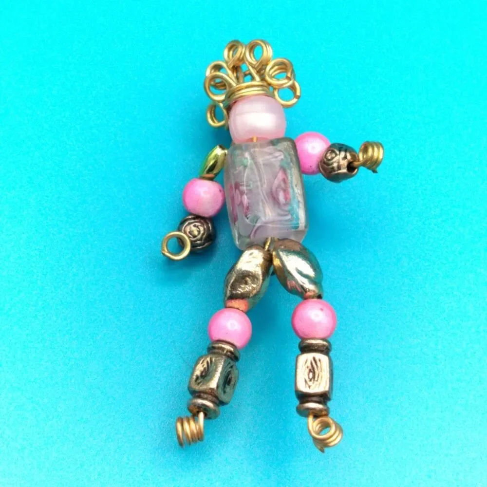Handmade Beaded Doll Brooch Pink Gold Wire Art Pin Vintage Style 2.5” Jewelry